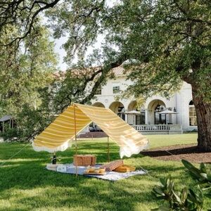 Business & pleasure co. Yellow striped antique beach canopy tent